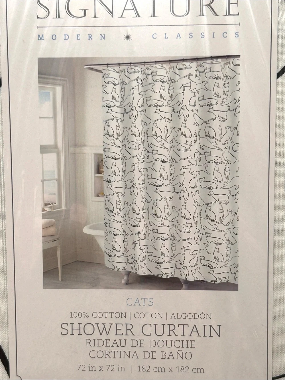 Signature Modern Classics Cats Black and White Cotton Shower Curtain New NWT